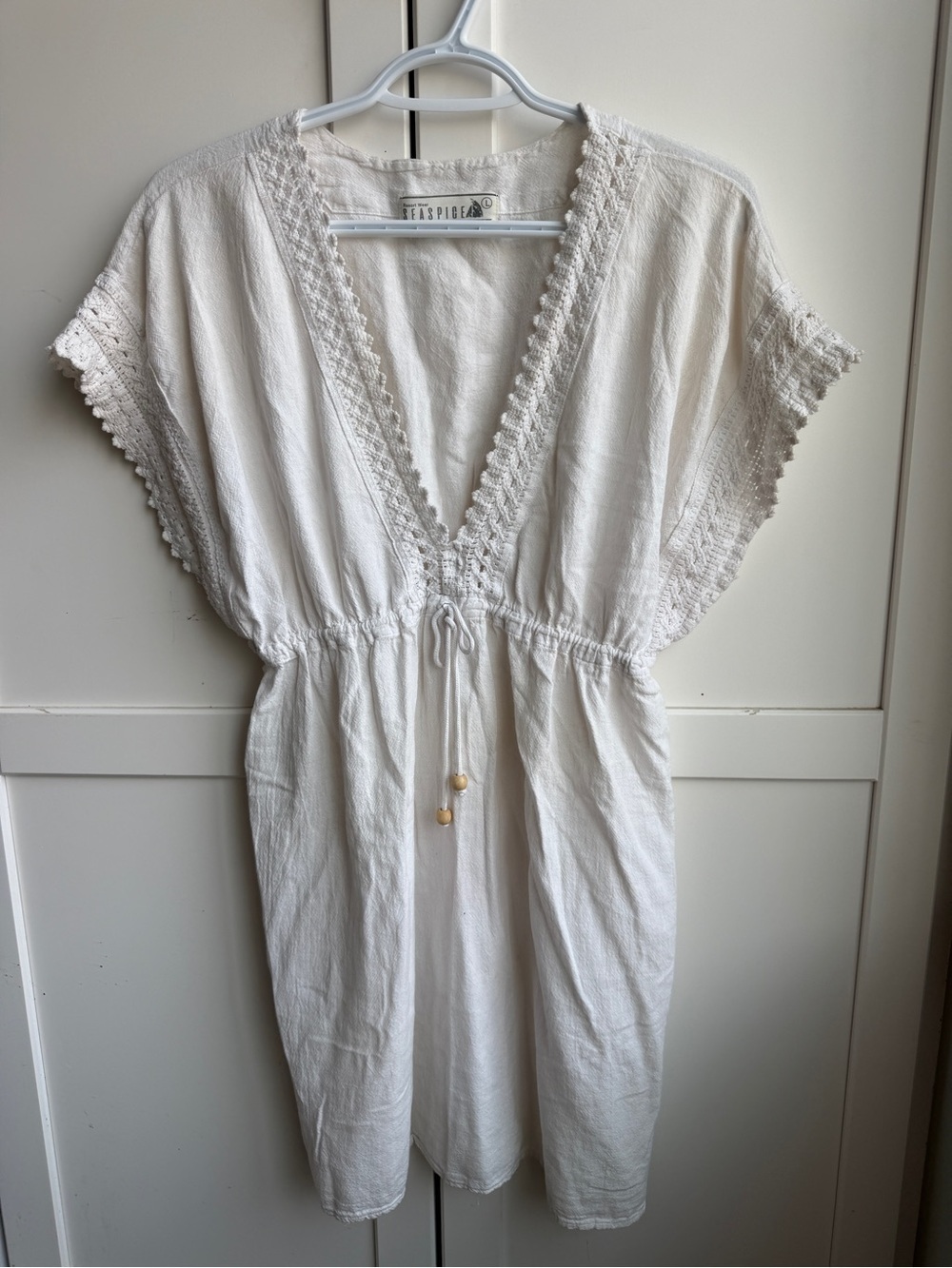 Sea Spice White Cotton Crochet Trim Beach Cover-Up Dress Size Large